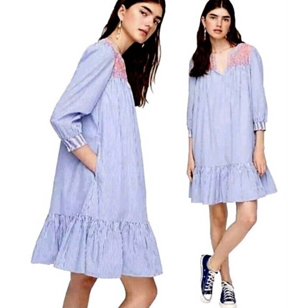 J.Crew Leda Embroidered Blue White Stripe Popover A-Line Dress Size L New NWT